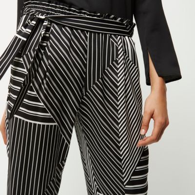 Black stripe print soft tie tapered trousers